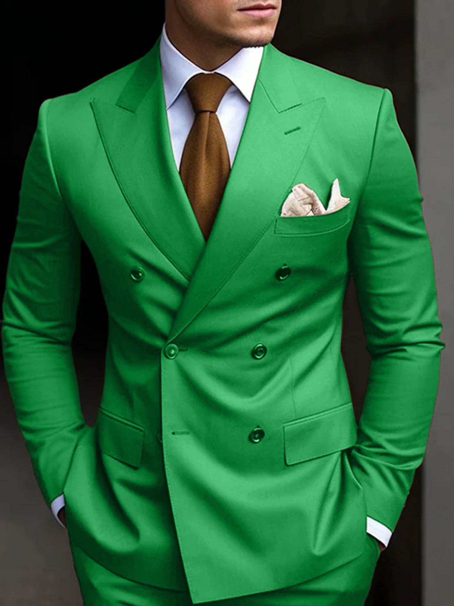 Double Breasted Six-Button Tailored Fit Wedding Suit For Men In Solid Colors-BMbridal