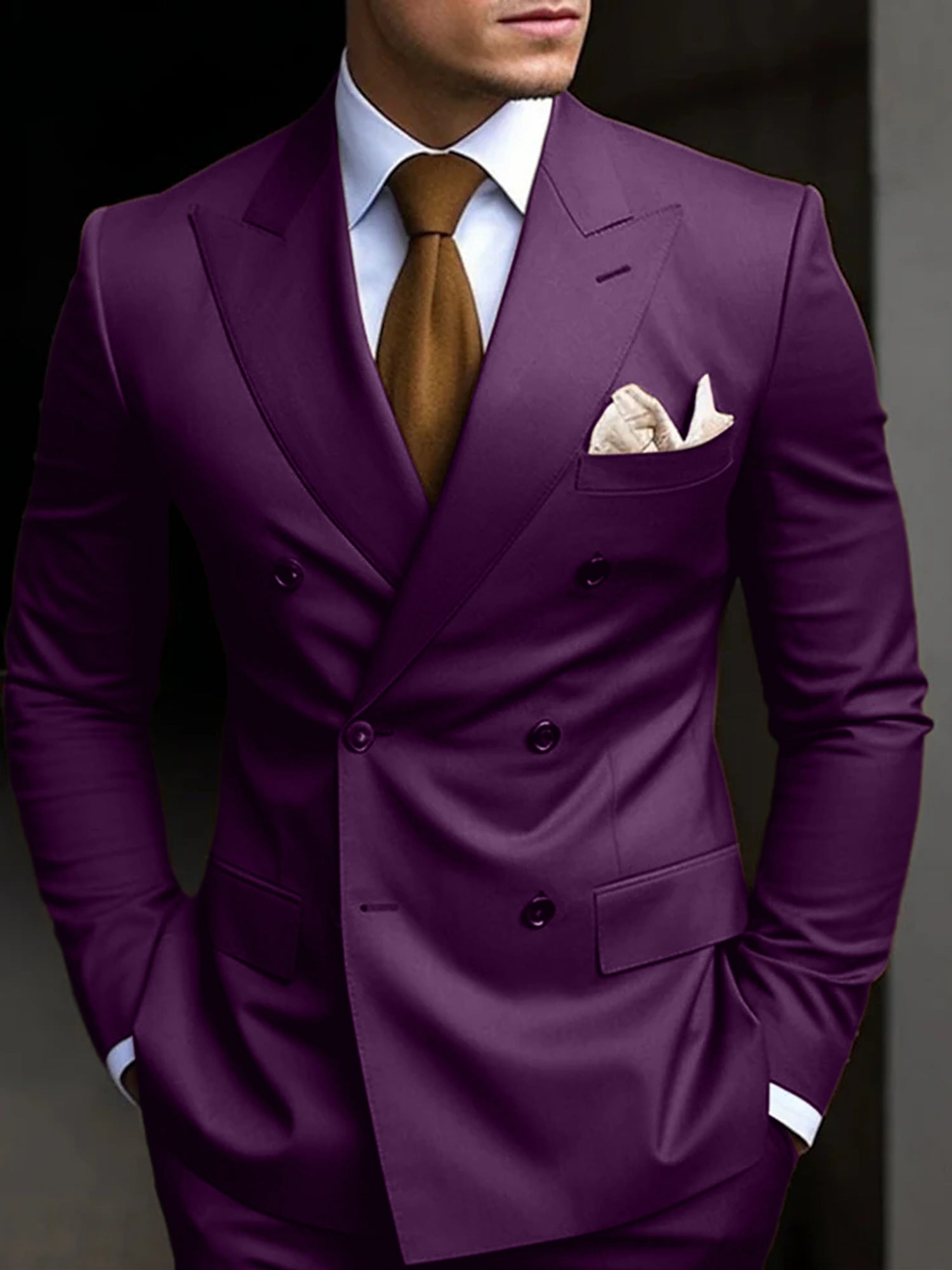 Double Breasted Six-Button Tailored Fit Wedding Suit For Men In Solid Colors-BMbridal
