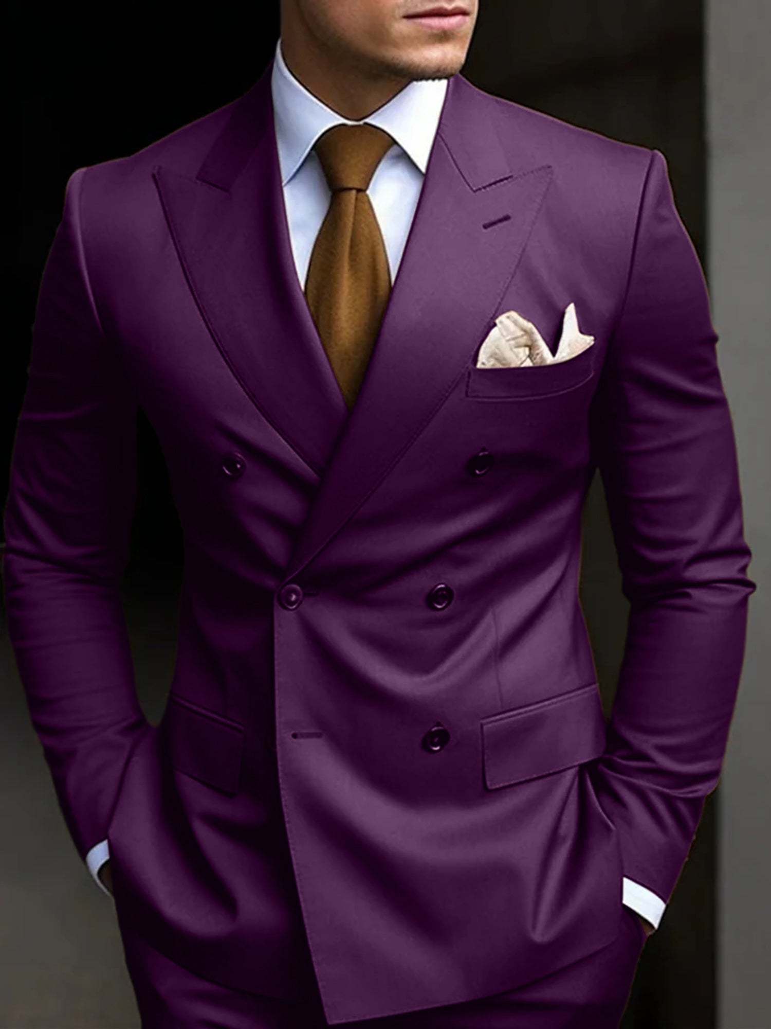 Double Breasted Six-Button Tailored Fit Wedding Suit For Men In Solid Colors-BMbridal