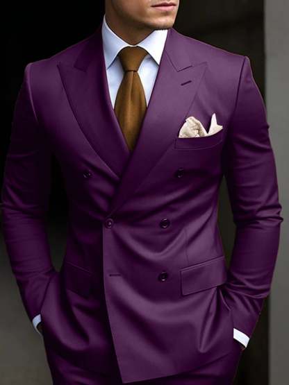 Double Breasted Six-Button Tailored Fit Wedding Suit For Men In Solid Colors-BMbridal