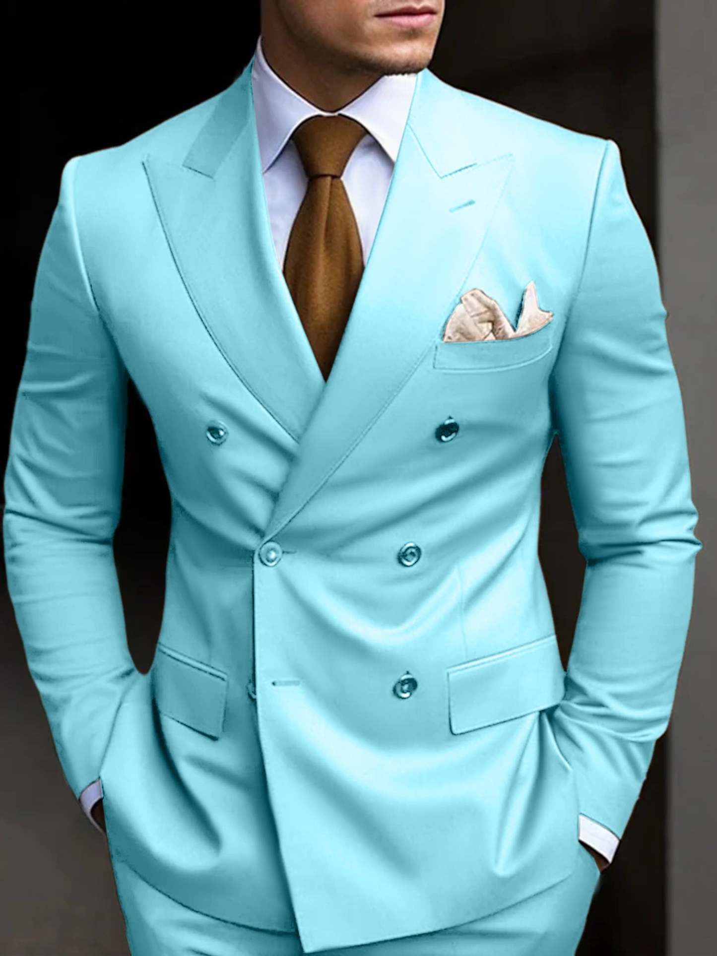 Double Breasted Six-Button Tailored Fit Wedding Suit For Men In Solid Colors-BMbridal