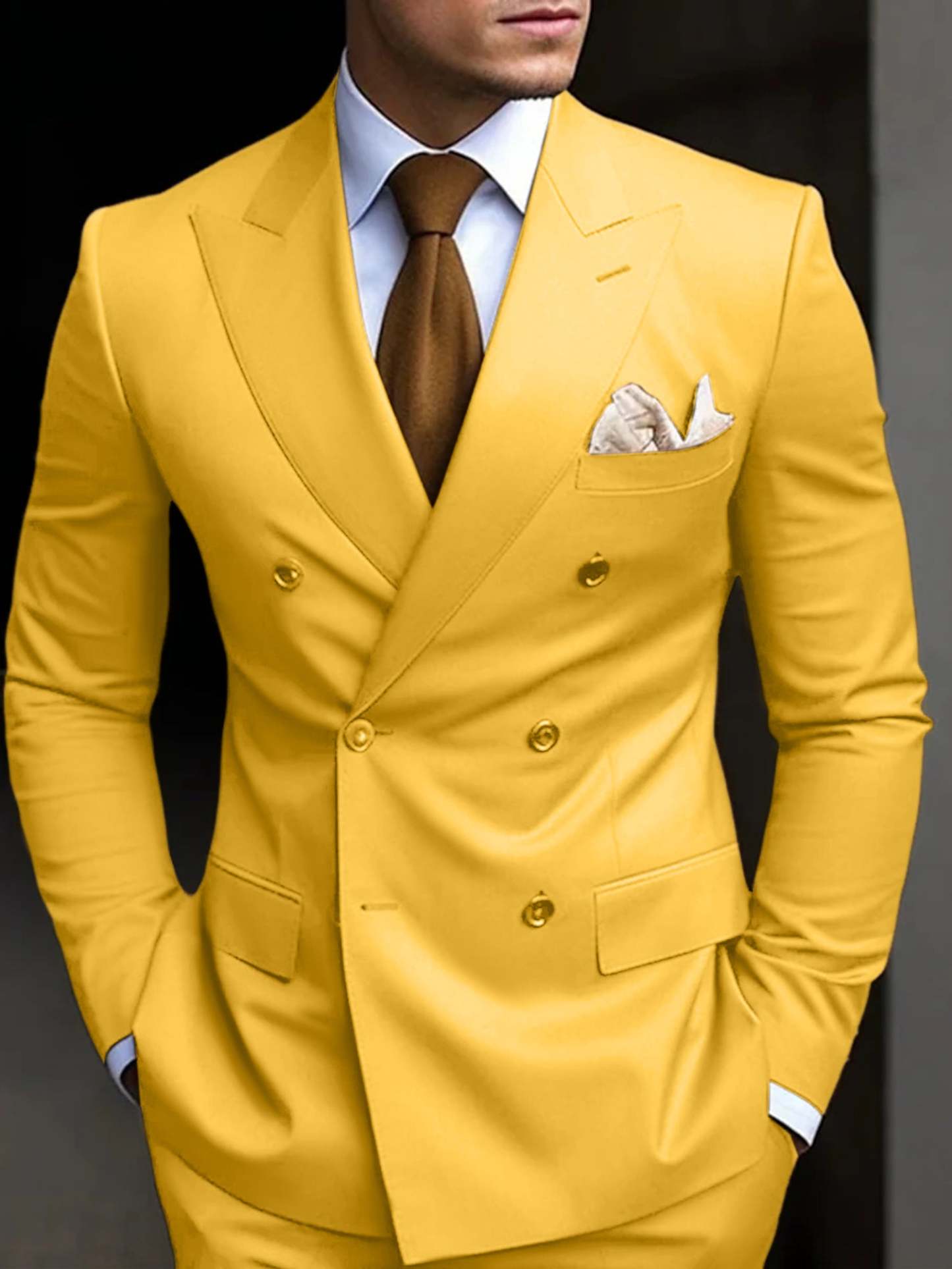 Double Breasted Six-Button Tailored Fit Wedding Suit For Men In Solid Colors-BMbridal