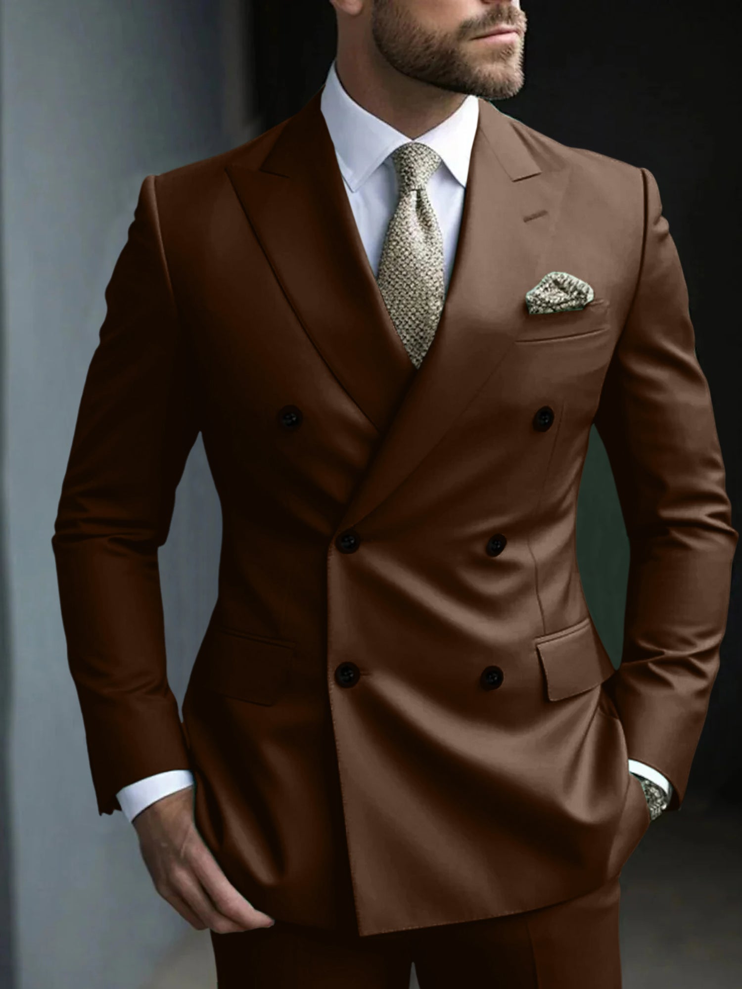 Men's Green Tailored Fit Double Breasted Six-Button Party Suit In 2 Solid Pieces-BMbridal