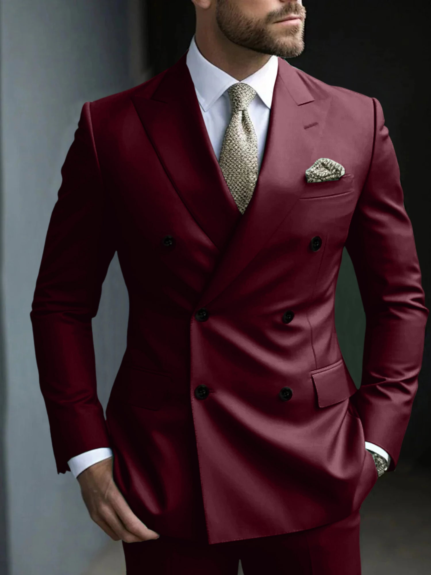 Men's Green Tailored Fit Double Breasted Six-Button Party Suit In 2 Solid Pieces-BMbridal