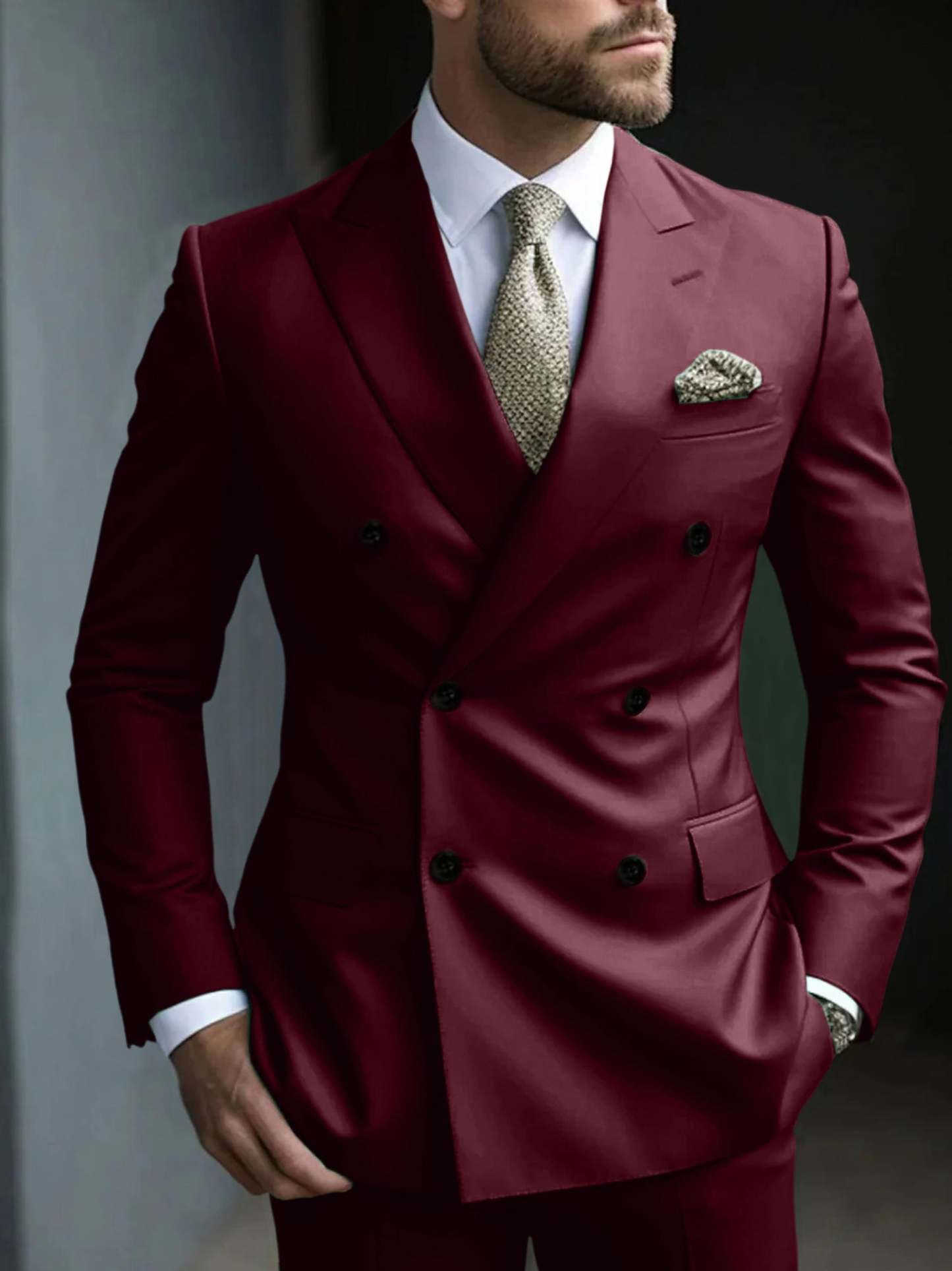 Men's Green Tailored Fit Double Breasted Six-Button Party Suit In 2 Solid Pieces-BMbridal