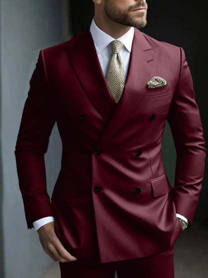 Men's Green Tailored Fit Double Breasted Six-Button Party Suit In 2 Solid Pieces-BMbridal