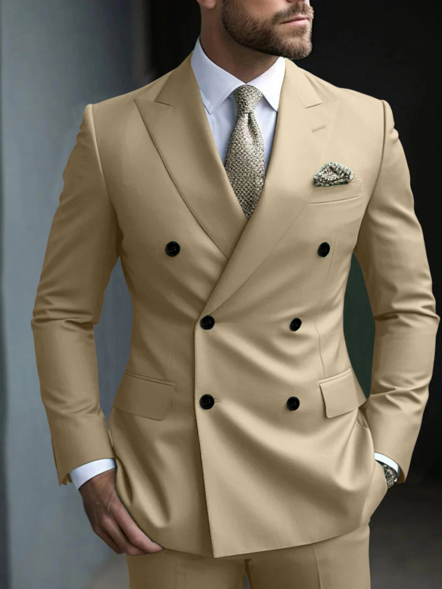 Men's Green Tailored Fit Double Breasted Six-Button Party Suit In 2 Solid Pieces-BMbridal