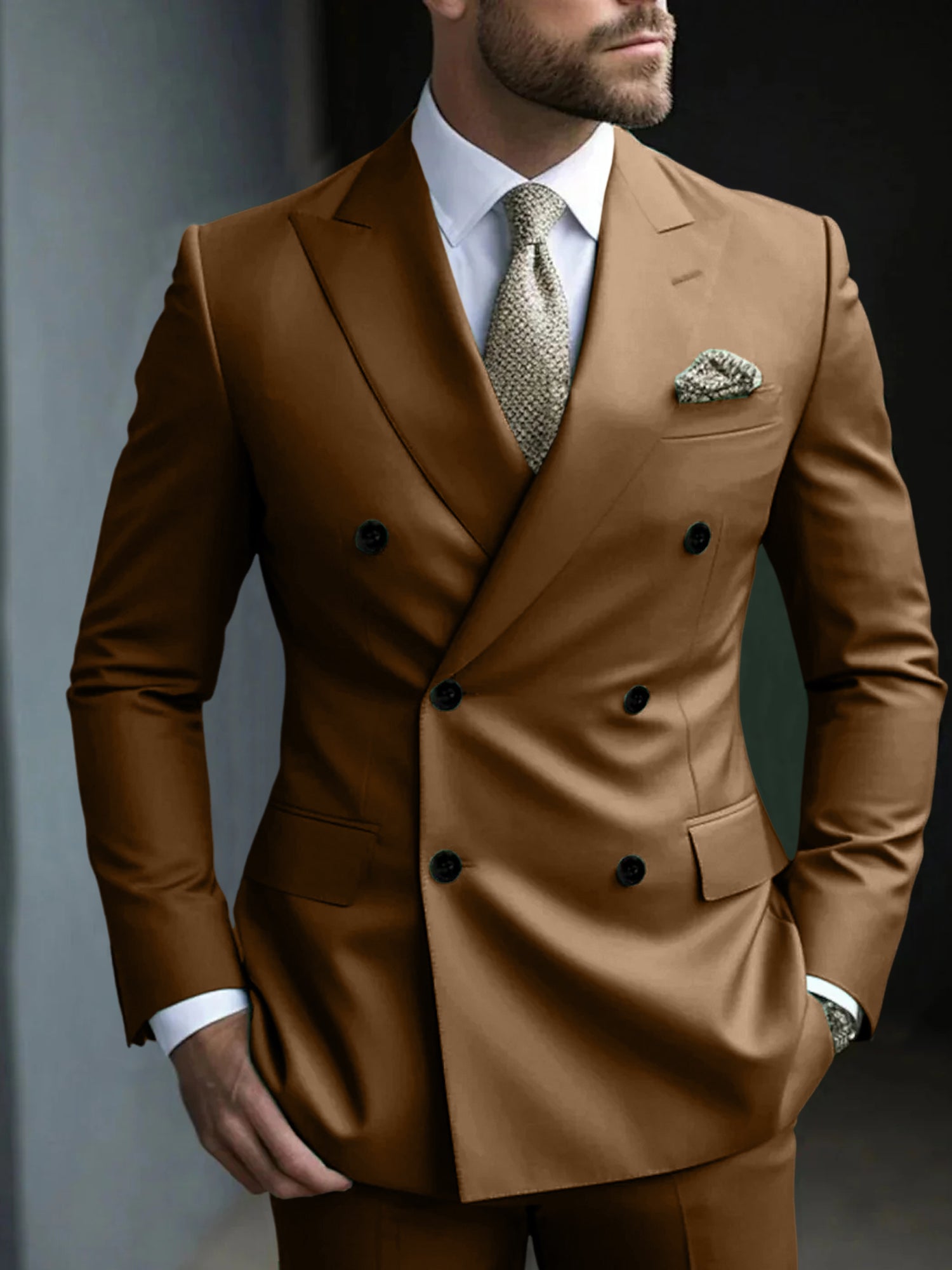Men's Green Tailored Fit Double Breasted Six-Button Party Suit In 2 Solid Pieces-BMbridal