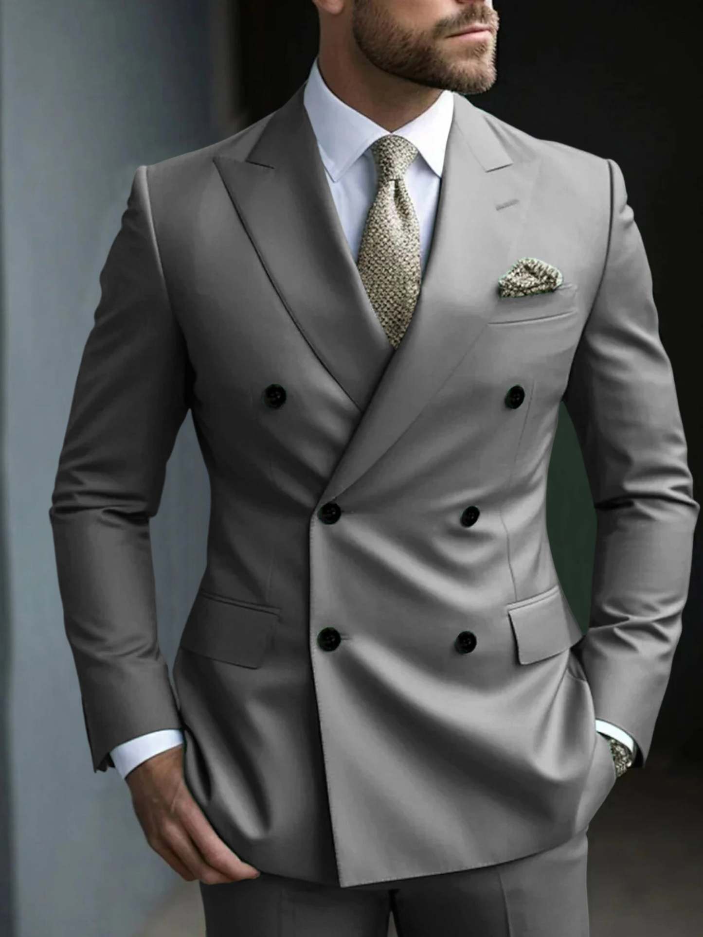 Men's Green Tailored Fit Double Breasted Six-Button Party Suit In 2 Solid Pieces-BMbridal