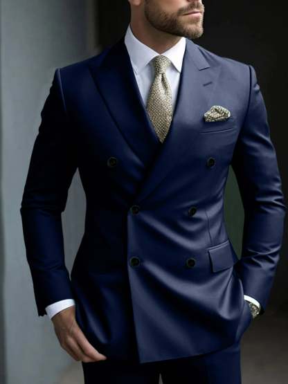 Men's Green Tailored Fit Double Breasted Six-Button Party Suit In 2 Solid Pieces-BMbridal