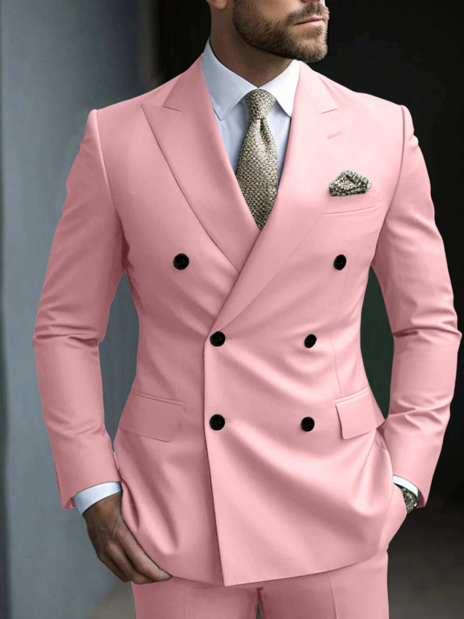 Men's Green Tailored Fit Double Breasted Six-Button Party Suit In 2 Solid Pieces-BMbridal