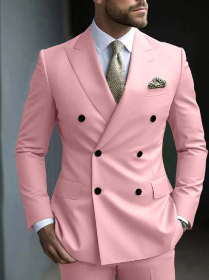 Men's Green Tailored Fit Double Breasted Six-Button Party Suit In 2 Solid Pieces-BMbridal
