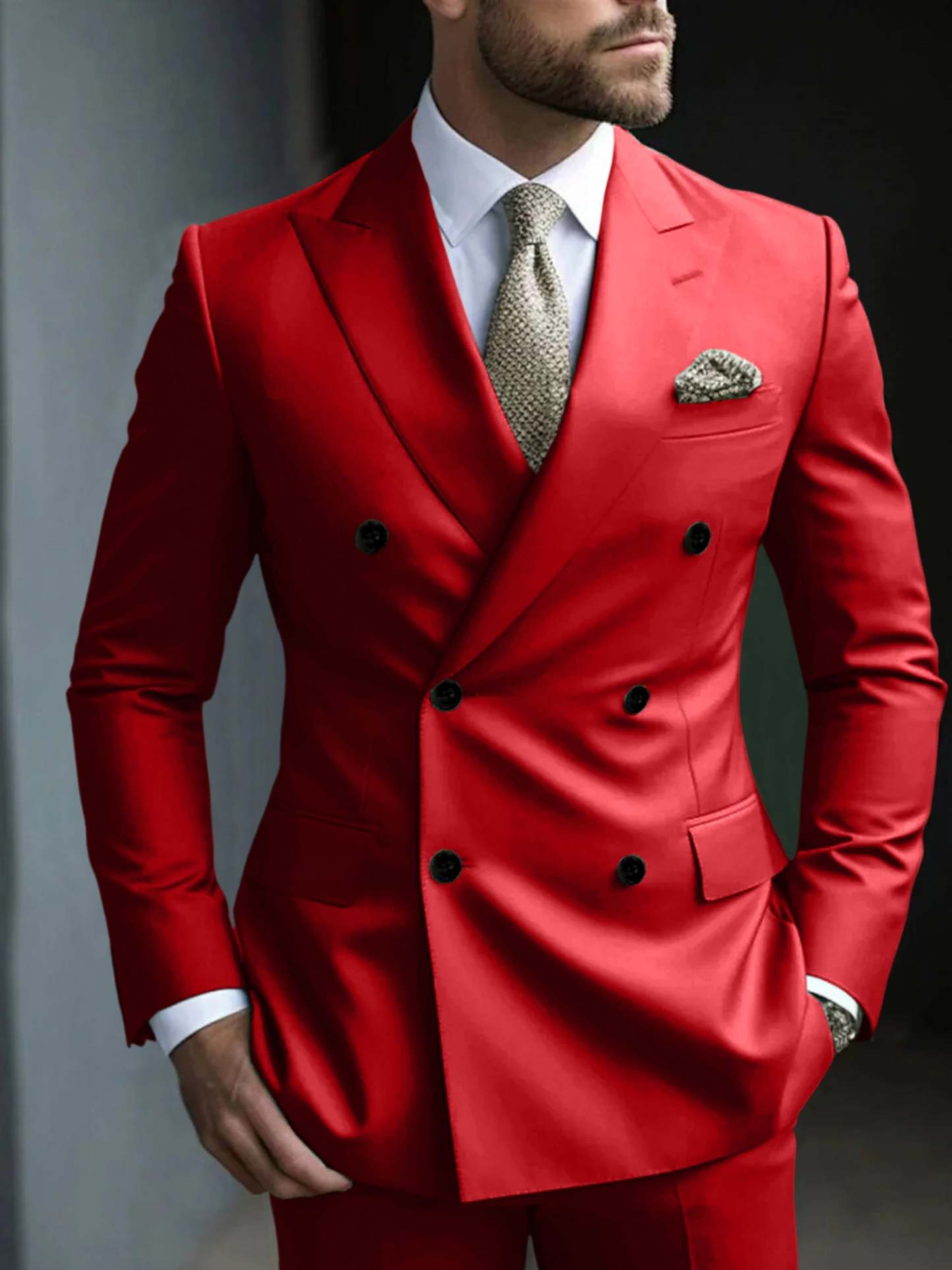 Men's Green Tailored Fit Double Breasted Six-Button Party Suit In 2 Solid Pieces-BMbridal