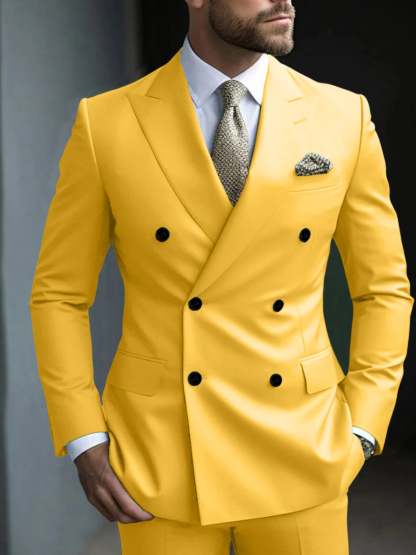 Men's Green Tailored Fit Double Breasted Six-Button Party Suit In 2 Solid Pieces-BMbridal