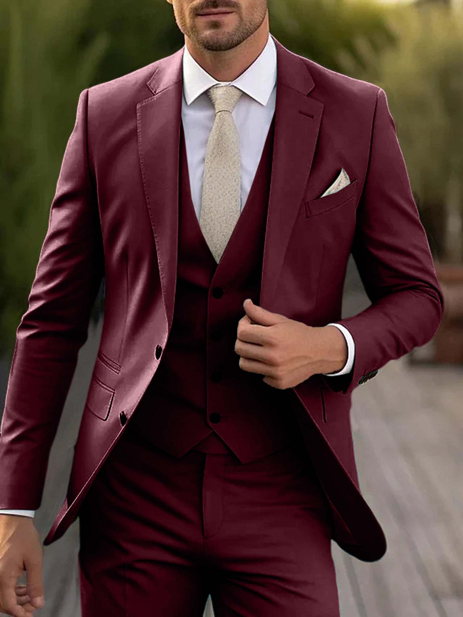 Three-Piece Single-Breasted Tailored Fit Wedding Suit For Men With Two Buttons-BMbridal