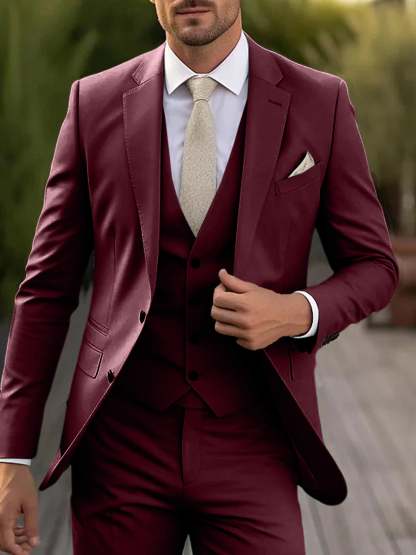 Three-Piece Single-Breasted Tailored Fit Wedding Suit For Men With Two Buttons-BMbridal