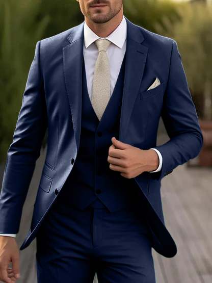 Three-Piece Single-Breasted Tailored Fit Wedding Suit For Men With Two Buttons-BMbridal