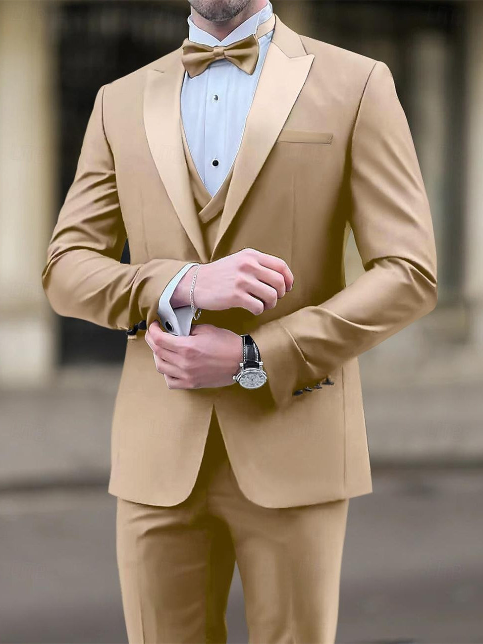 Men's Tailored Fit Black Khaki Single-Breasted One-Button Plaid Wedding Suit In 3 Pieces-BMbridal