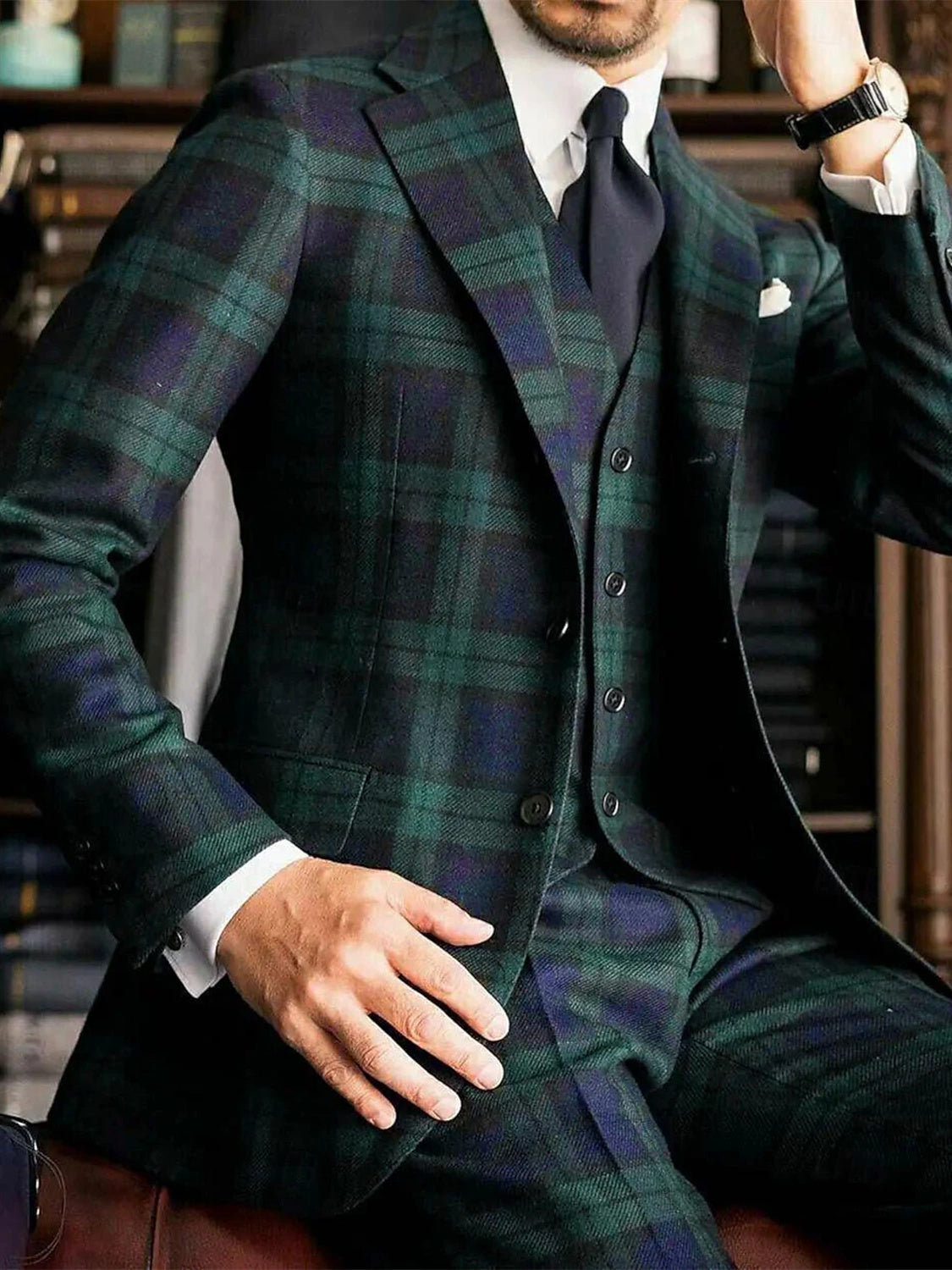 Men's Dark Green Plaid Wedding Suit - Tailored Fit Single Breasted 3 Piece With Two Buttons-BMbridal