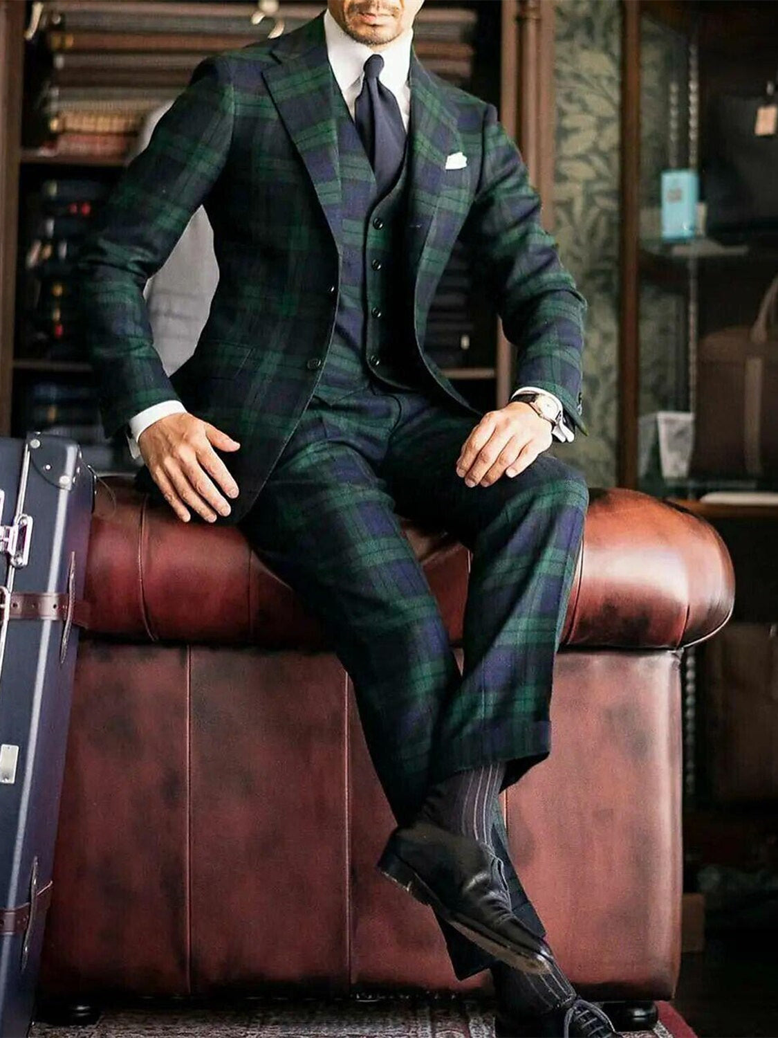 Men's Dark Green Plaid Wedding Suit - Tailored Fit Single Breasted 3 Piece With Two Buttons-BMbridal