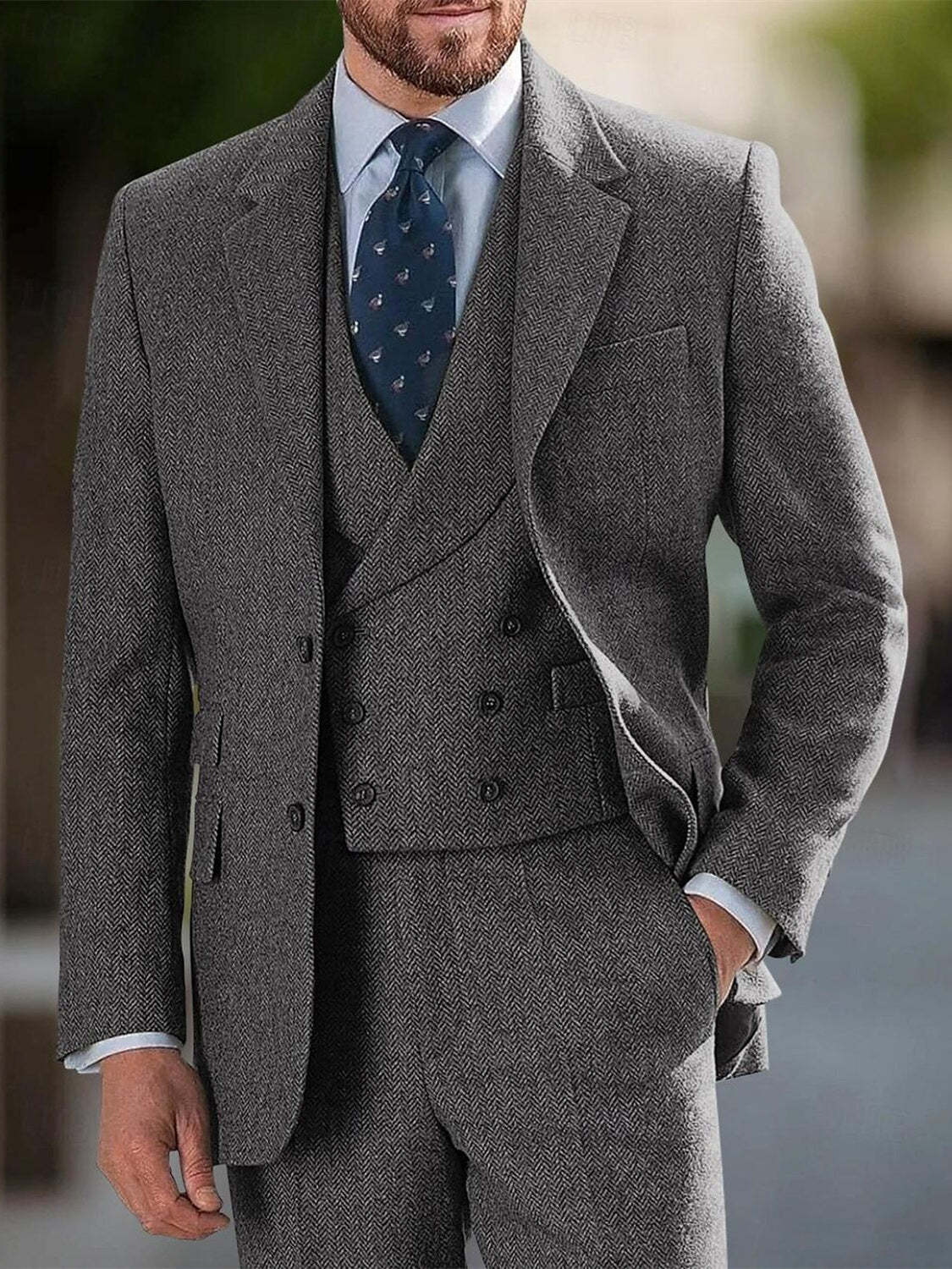 Men's 3-Piece Single-Breasted Two-Button Tweed Wedding Suit In Tailored Fit-BMbridal