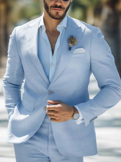 Men's Sky Blue Linen Beach Wedding Suit - 2-Piece Casual Single-Breasted Two-Button Set-BMbridal