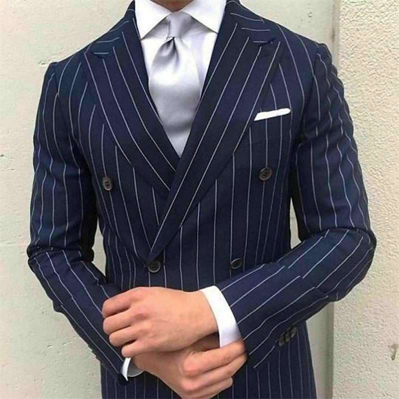 Men's Formal Double Breasted 2-Piece Wedding Suit With Pinstripe Peak Lapel And Six Buttons-BMbridal