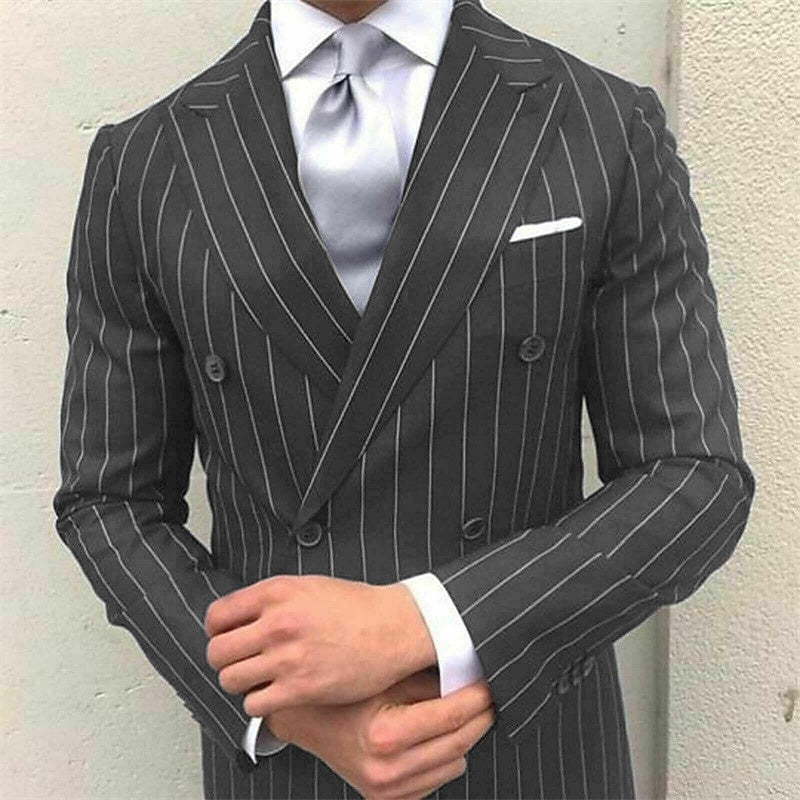Men's Formal Double Breasted 2-Piece Wedding Suit With Pinstripe Peak Lapel And Six Buttons-BMbridal