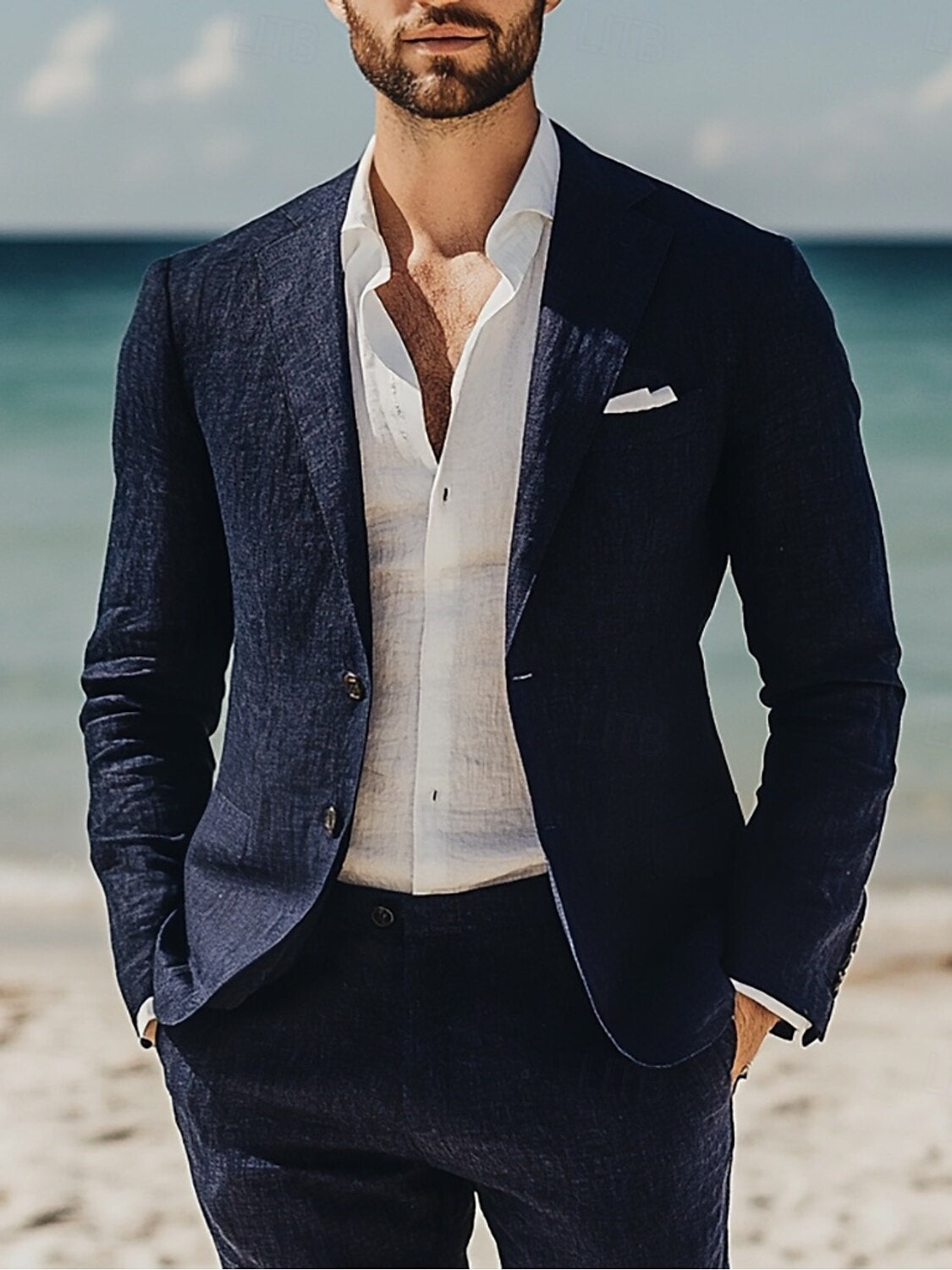 Men's Lightweight Navy Blue Linen Wedding Suit - Casual Two-Button Beach Style-BMbridal