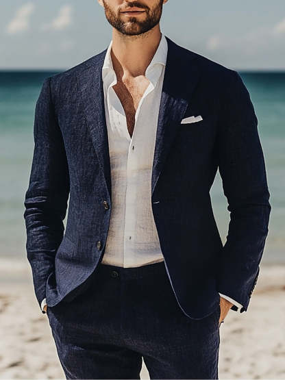 Men's Lightweight Navy Blue Linen Wedding Suit - Casual Two-Button Beach Style-BMbridal