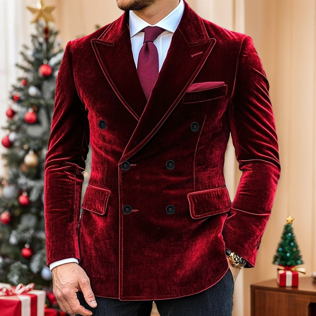Men's Vintage Velvet Double Breasted Blazer In Red Purple With Six Buttons-BMbridal