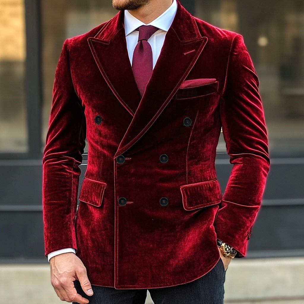 Men's Vintage Velvet Double Breasted Blazer In Red Purple With Six Buttons-BMbridal