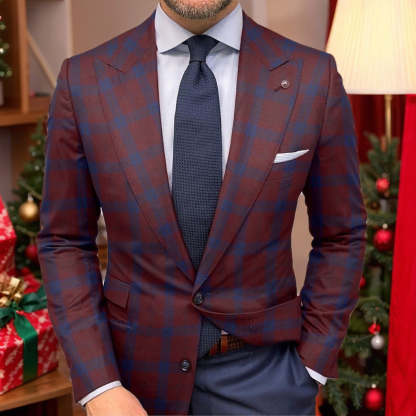 Tailored Single-Breasted Plaid Checkered Blazer For Men's Outdoor Wear-BMbridal