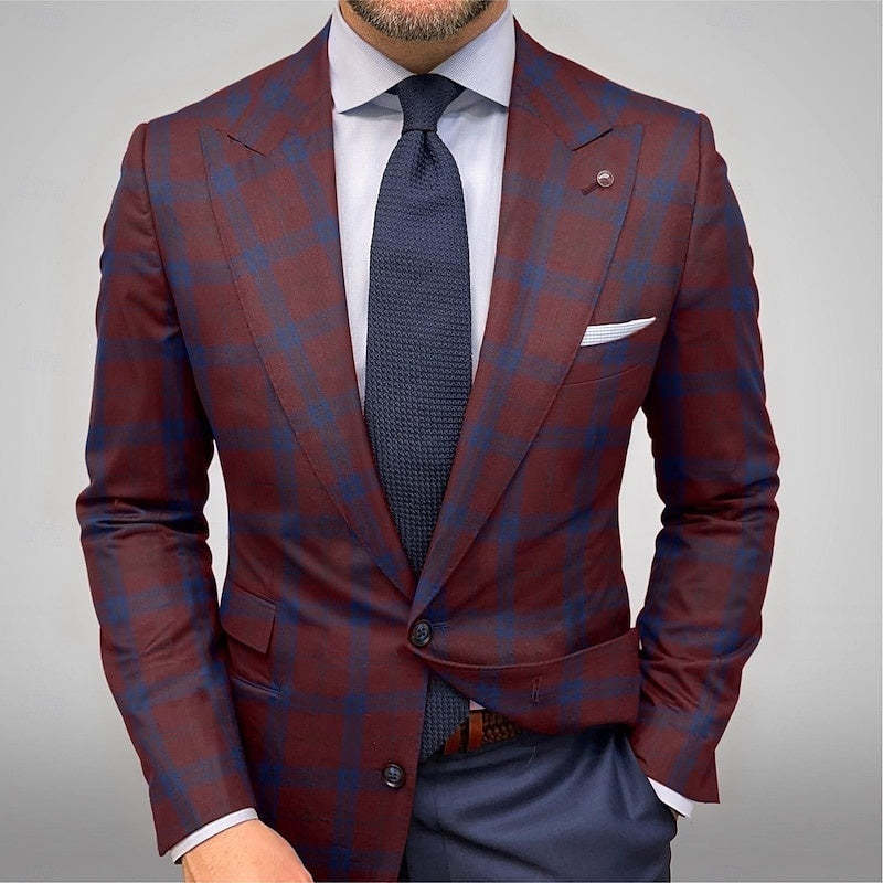 Tailored Single-Breasted Plaid Checkered Blazer For Men's Outdoor Wear-BMbridal