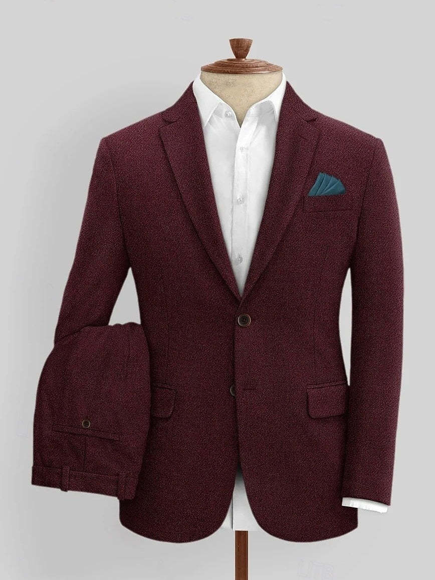 Retro Vintage Men's 3-Piece Solid Colored Business Suit In Tailored Fit With Single Breasted Two-Button Tweed-BMbridal