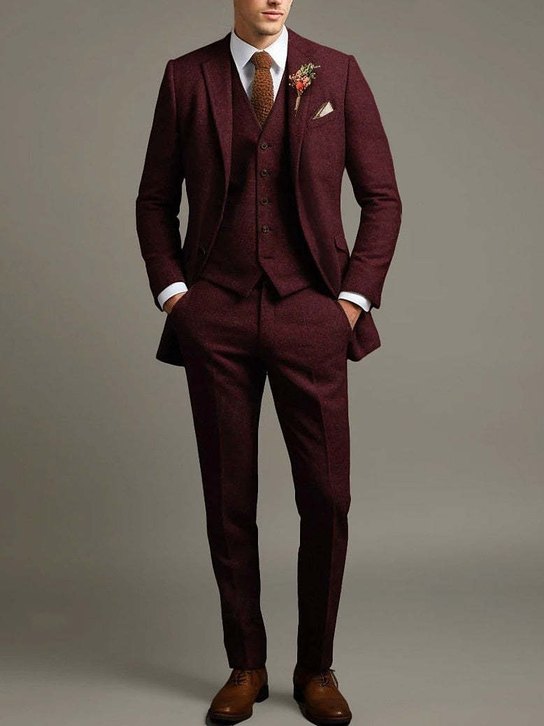 Retro Vintage Men's 3-Piece Solid Colored Business Suit In Tailored Fit With Single Breasted Two-Button Tweed-BMbridal