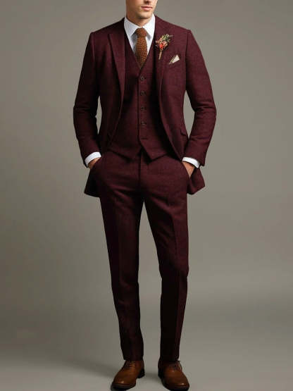 Retro Vintage Men's 3-Piece Solid Colored Business Suit In Tailored Fit With Single Breasted Two-Button Tweed-BMbridal