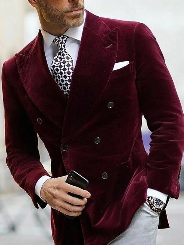 Slim Fit Double Breasted Velvet Blazer For Men - Peaked Lapel Six-Button Style-BMbridal