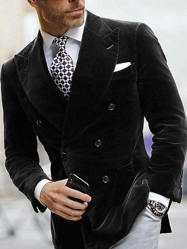 Slim Fit Double Breasted Velvet Blazer For Men - Peaked Lapel Six-Button Style-BMbridal