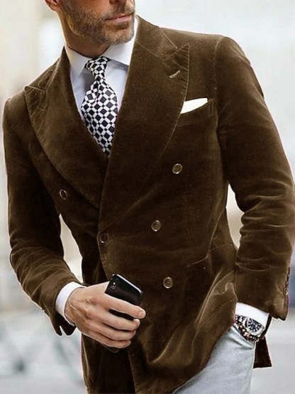 Slim Fit Double Breasted Velvet Blazer For Men - Peaked Lapel Six-Button Style-BMbridal