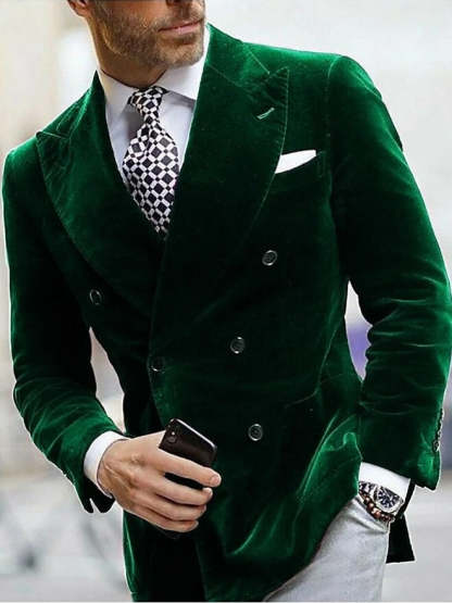 Slim Fit Double Breasted Velvet Blazer For Men - Peaked Lapel Six-Button Style-BMbridal