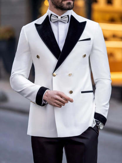 Luxury Tailored Fit White Men's Double Breasted Six-Button Color Block Tuxedo Suit For Wedding And Prom-BMbridal