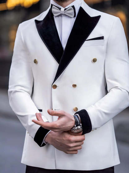 Luxury Tailored Fit White Men's Double Breasted Six-Button Color Block Tuxedo Suit For Wedding And Prom-BMbridal