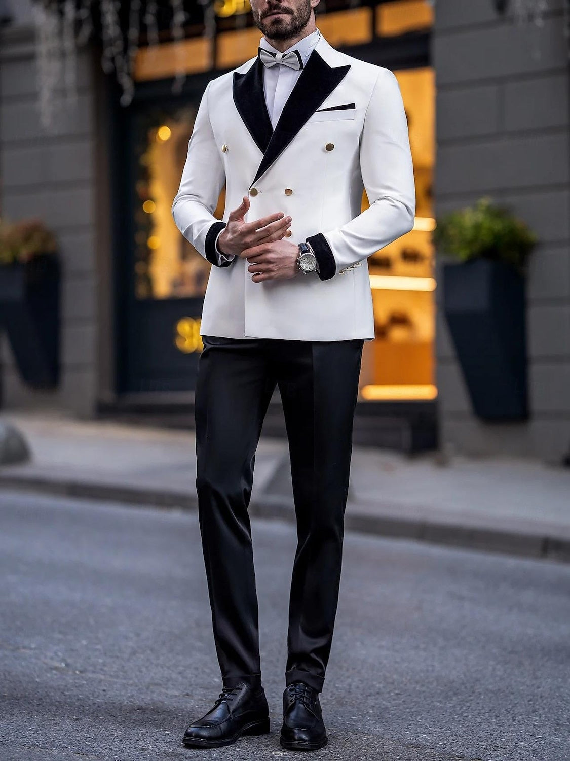 Luxury Tailored Fit White Men's Double Breasted Six-Button Color Block Tuxedo Suit For Wedding And Prom-BMbridal
