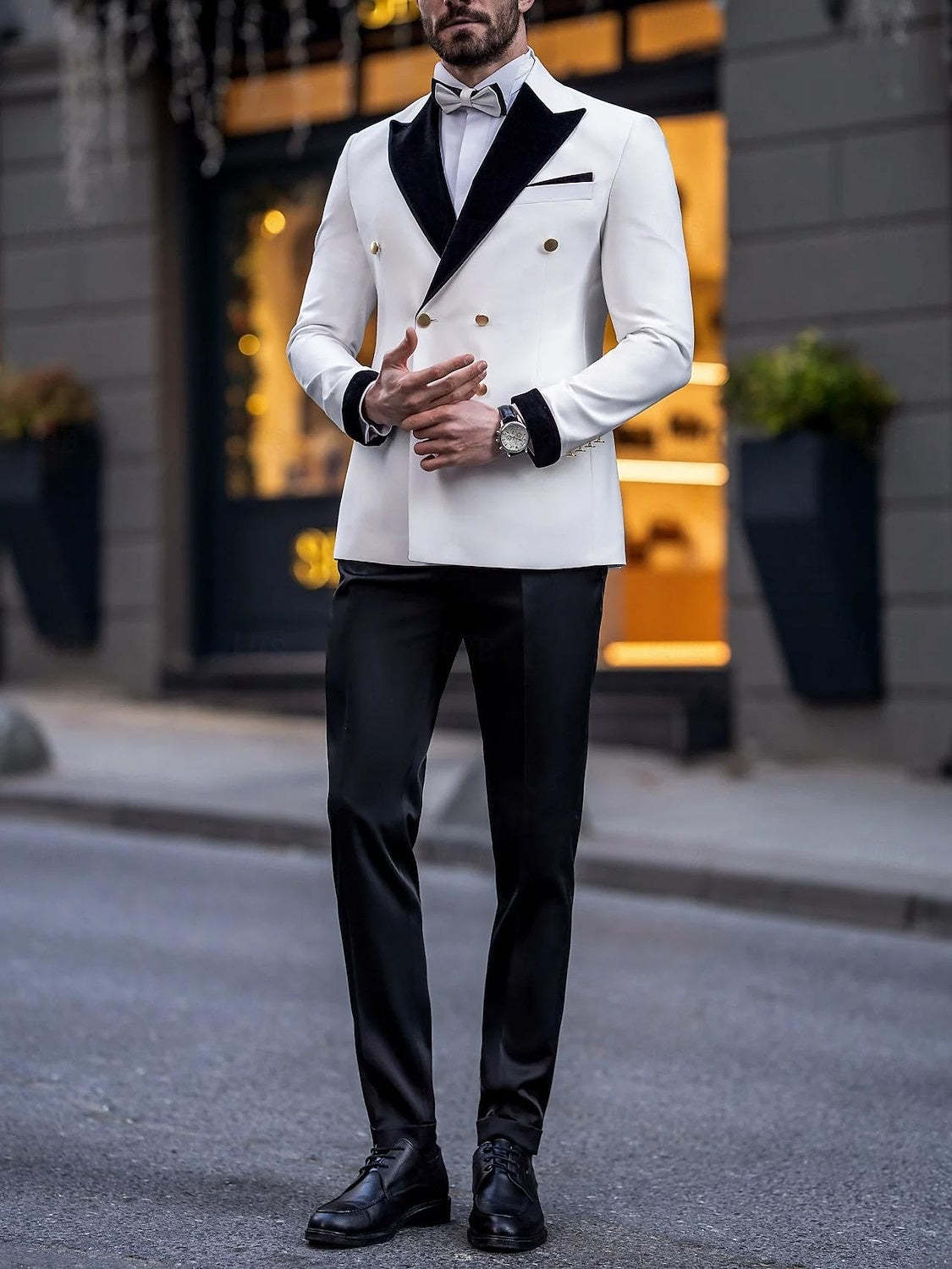 Luxury Tailored Fit White Men's Double Breasted Six-Button Color Block Tuxedo Suit For Wedding And Prom-BMbridal
