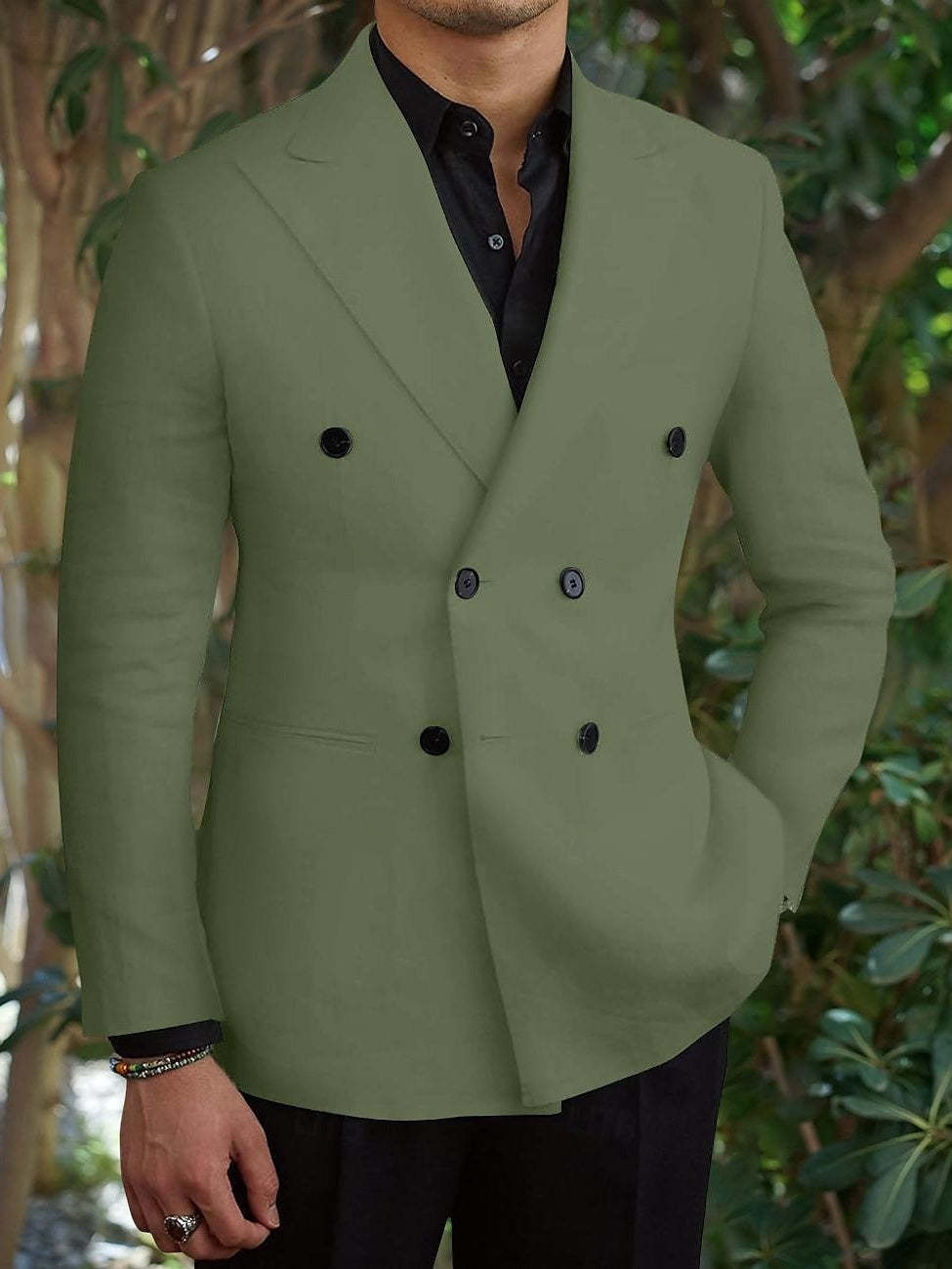Slim Fit Double Breasted Six-Button Business Suit For Men In Black Green-BMbridal