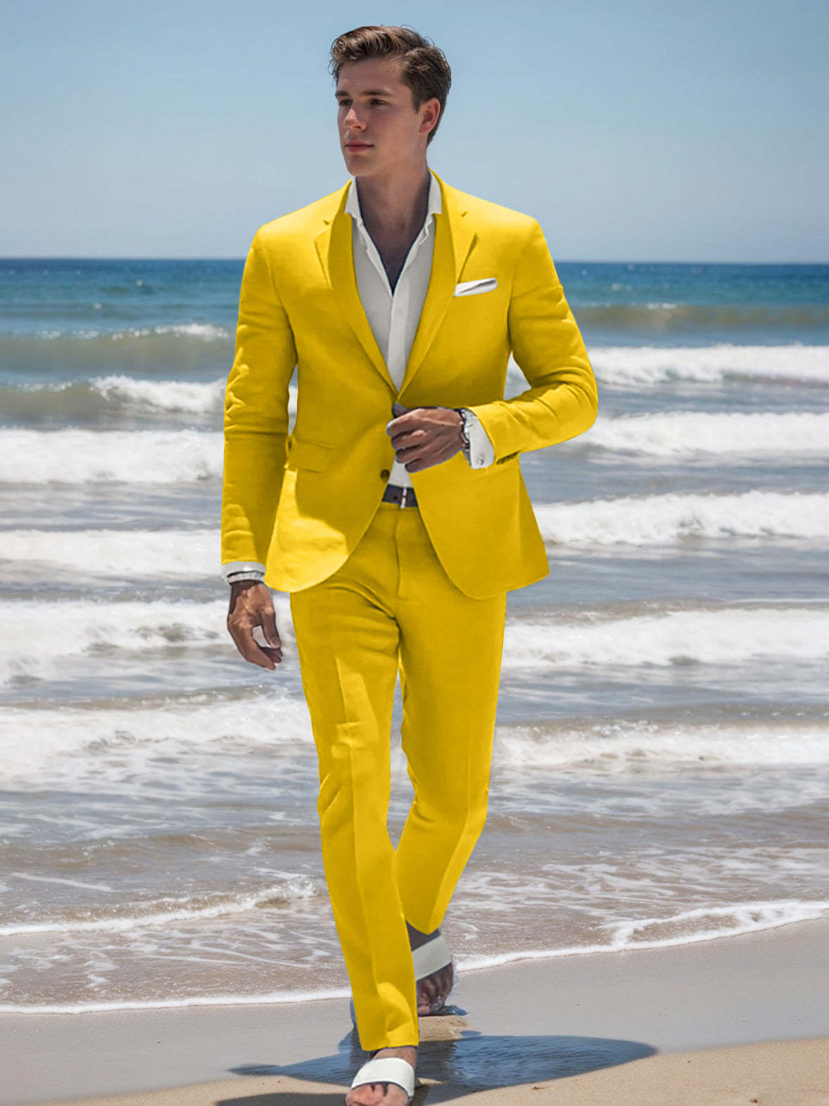 Men's Sky Blue Tailored Fit Two-Button Casual Beach Wedding Suit-BMbridal