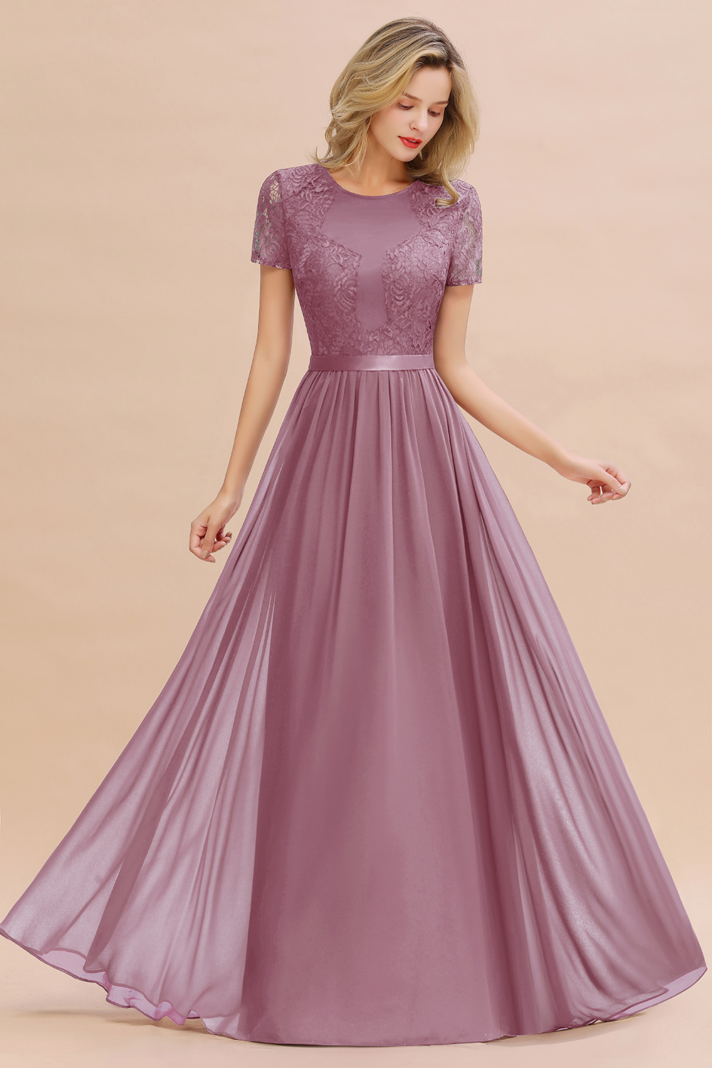 BMbridal Elegant Chiffon Lace Jewel Short-Sleeves Affordable Bridesmaid Dress-BMbridal