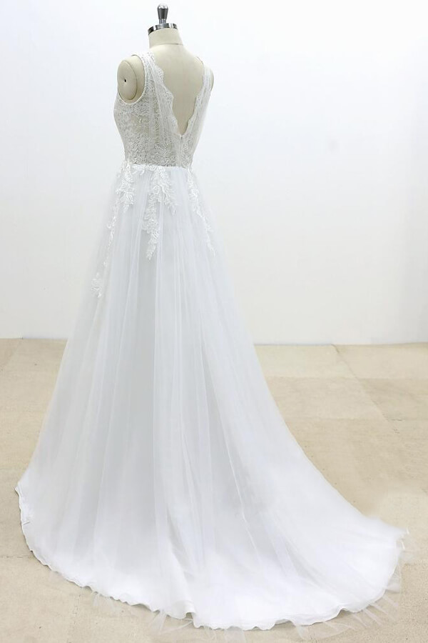 BMbridal Ruffle V-neck Appliques Tulle A-line Wedding Dress On Sale-BMbridal