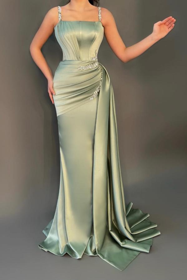 BMbridal Dusty Sage Straps Prom Dress Mermaid Sleeveless With Beads
